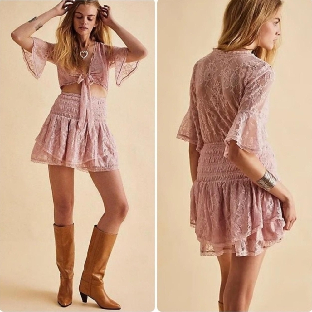 Free People Dusty Rose Lace Mini Dress Set
